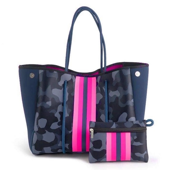 Handbags - Aniella Neoprene Tote w Matching Wristlet  Blue Camo with Hot Pink Racer Stripe